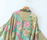 Cotton Kimono Boho Phoenix Floral Print Sashes Women Bohemian V Neck Batwing Sleeves short robe Kimono,Gifts for women