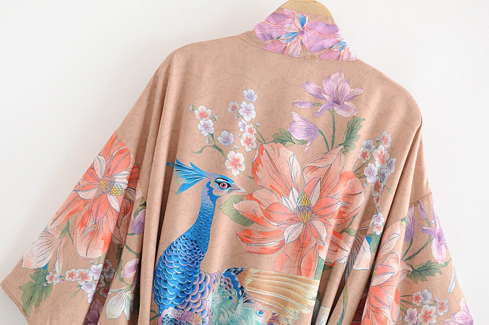 Kimono Boho Vintage peacock print Sashes Women Bohemian V Neck Batwing Sleeves happy long robe Kimono Jacket,gift for her