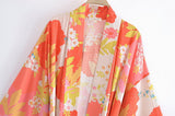 Cotton Kimono Boho Vintage Abstract Flowers Print Sashes Women Bohemian V Neck Batwing Sleeves happy short robe Kimono Jacket,gift for her