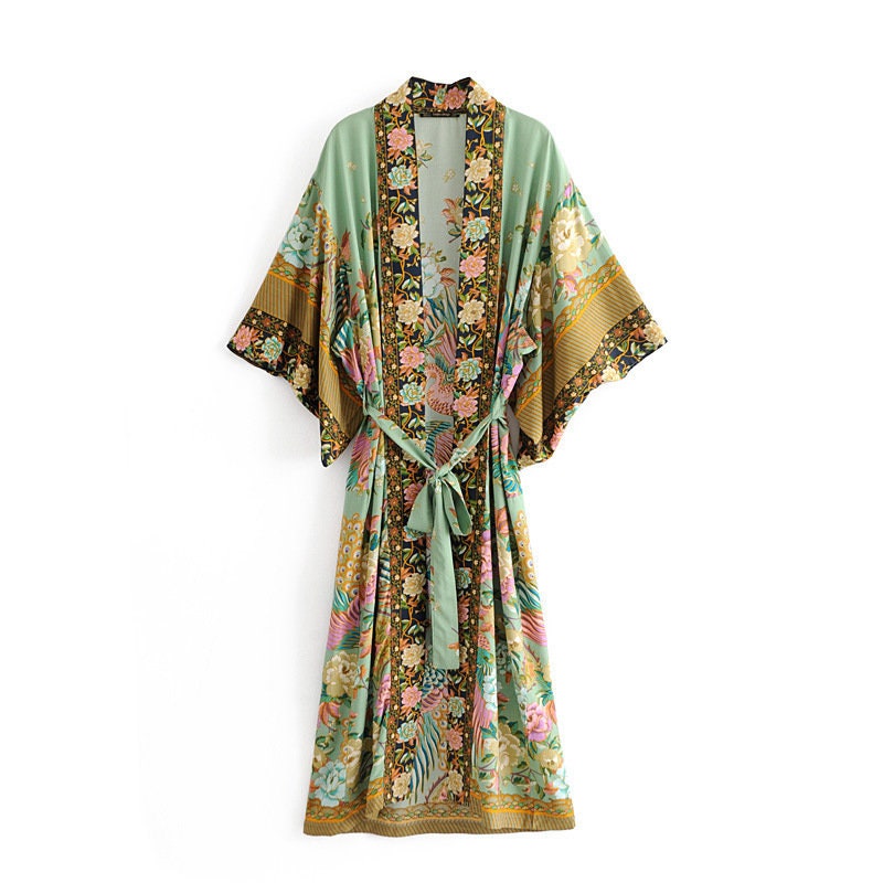 Cotton Kimono Boho Vintage cotton Peacock flowers pattern print Sashes Women Bohemian V Neck Batwing Sleeves robe Kimono,gift for her