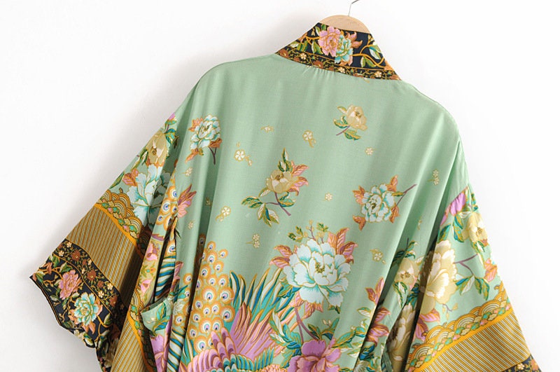 Cotton Kimono Boho Vintage cotton Peacock flowers pattern print Sashes Women Bohemian V Neck Batwing Sleeves robe Kimono,gift for her