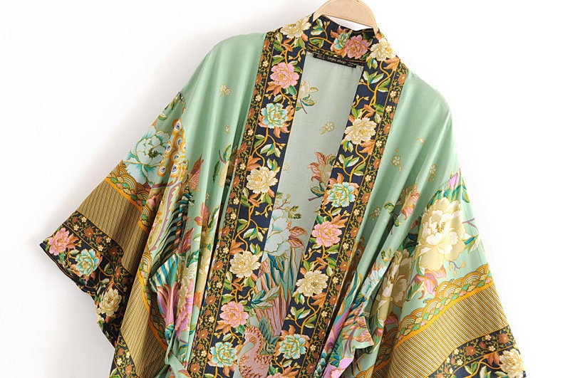 Cotton Kimono Boho Vintage cotton Peacock flowers pattern print Sashes Women Bohemian V Neck Batwing Sleeves robe Kimono,gift for her