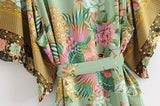 Cotton Kimono Boho Vintage cotton Peacock flowers pattern print Sashes Women Bohemian V Neck Batwing Sleeves robe Kimono,gift for her