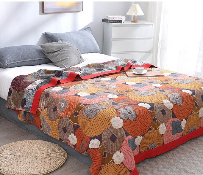 6 Layers Cotton Golden Persimmon Throw Bed Cover 100% cotton Sofa Throw Home Decor,Double-sided Bed Throw Blanket,Housewarming gift.