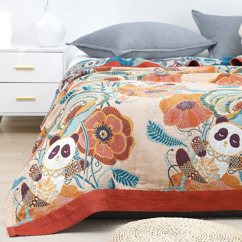 Cute Panda 6 Layers Cotton Throw Bed Cover 100% cotton Muslin Sofa Throw Boho Decor,Double-sided Bed Throw Blanket, Housewarming gift.