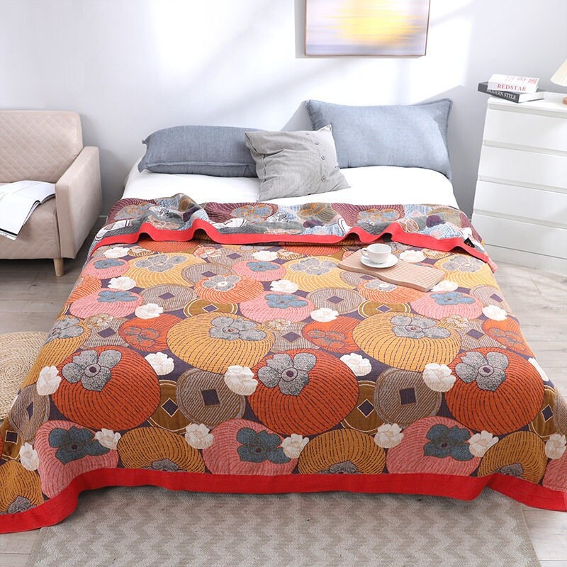 6 Layers Cotton Golden Persimmon Throw Bed Cover 100% cotton Sofa Throw Home Decor,Double-sided Bed Throw Blanket,Housewarming gift.