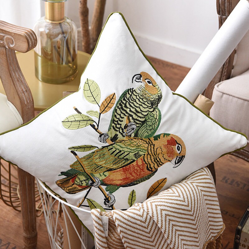 Canvas cotton embroidery parrot embroidery cushion cover,Embroidery Pillow Covers, Decorative Pillows, Housewarming gift