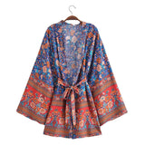 Cotton Kimono Boho Floral Print Sashes Women Bohemian V Neck Batwing Sleeves Short Robe Kimono ,Gifts For Women,Holiday Gifts