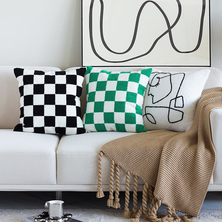 Checkerboard Pattern Canvas Embroidered Texture Pillowcases, Embroidered Cushion Pillows, Decorative Pillows, Housewarming Gifts.