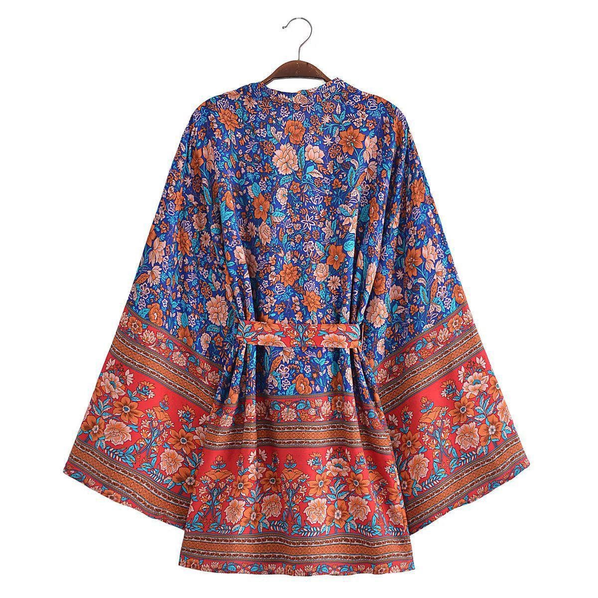 Cotton Kimono Boho Floral Print Sashes Women Bohemian V Neck Batwing Sleeves Short Robe Kimono ,Gifts For Women,Holiday Gifts