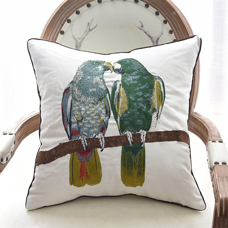 Canvas cotton embroidery parrot embroidery cushion cover,Embroidery Pillow Covers, Decorative Pillows, Housewarming gift