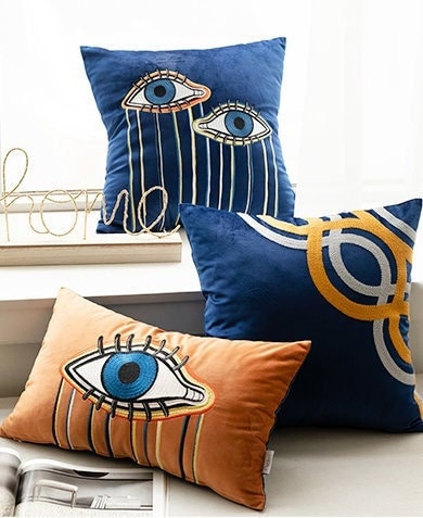 Evil Eye Velvet Embroidery Cushion, Embroidery Pillow Covers, Decorative Pillows, Housewarming gift