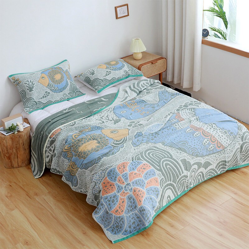 Cartoon whale four layers cotton blanket 100% cotton, Bedcover sofa blanket, Bedspread nap blanket cotton throw,Gift for Home, Decor