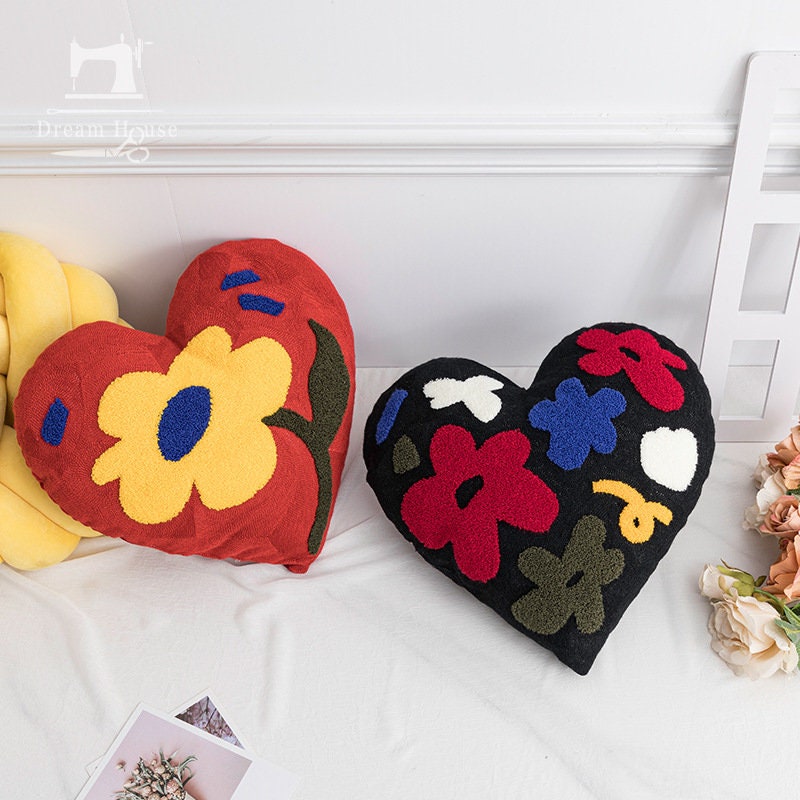 Flower embroidery pillow heart pillow cushion with filling,Embroidered cushion pillows, Home decorative pillows, Housewarming gifts.