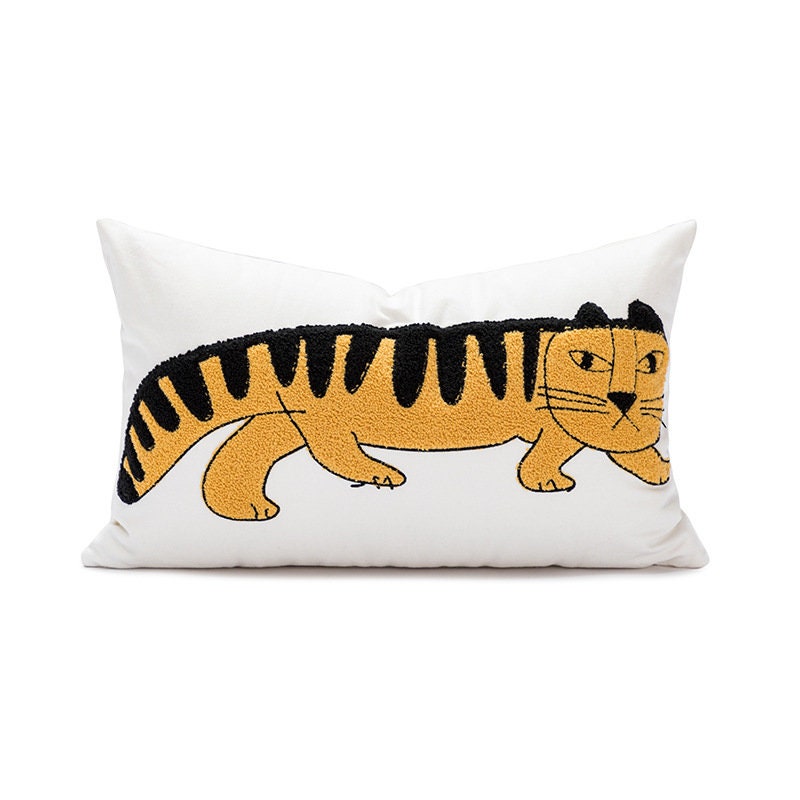 Cartoon tiger embroidered cotton texture pillowcases, Decorative pillow cushion cover, Housewarming gifts.