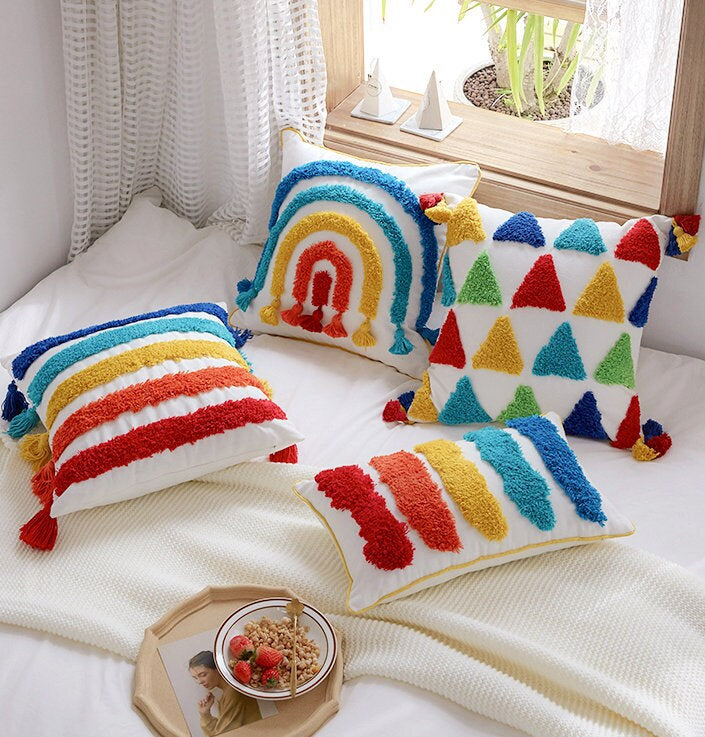 Color Triangle Tufted Cushion Cover 18" x 18"inch,100% Cotton Tufted Textured Pillow Case,Decorative Tassel Pillows,Housewarming gift.