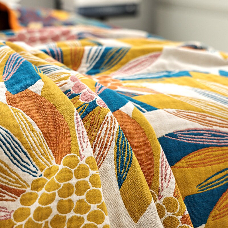 Sunflower Four Layers Cotton Throw Blanket Cotton Muslin Bedcover Sofa Blanket, Decorative Bed Woven Cotton Blanket, Housewarming Gift.