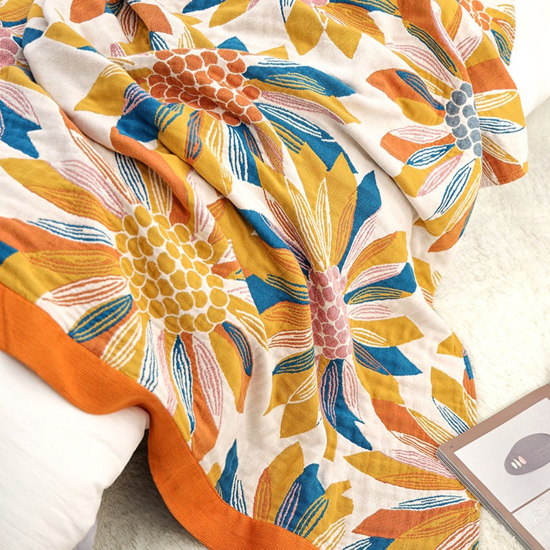 Sunflower Four Layers Cotton Throw Blanket Cotton Muslin Bedcover Sofa Blanket, Decorative Bed Woven Cotton Blanket, Housewarming Gift.