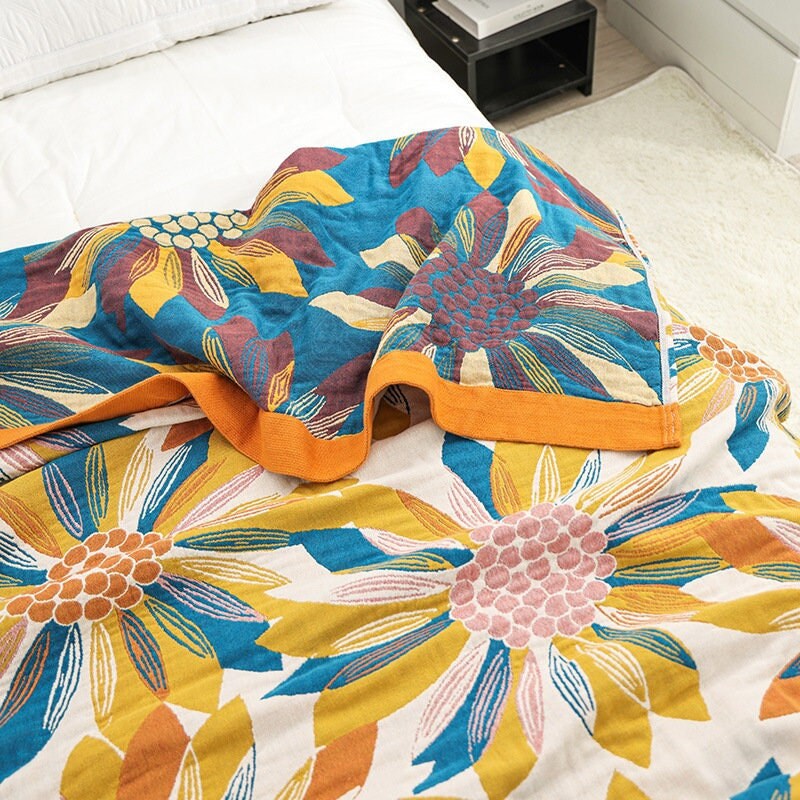 Sunflower Four Layers Cotton Throw Blanket Cotton Muslin Bedcover Sofa Blanket, Decorative Bed Woven Cotton Blanket, Housewarming Gift.