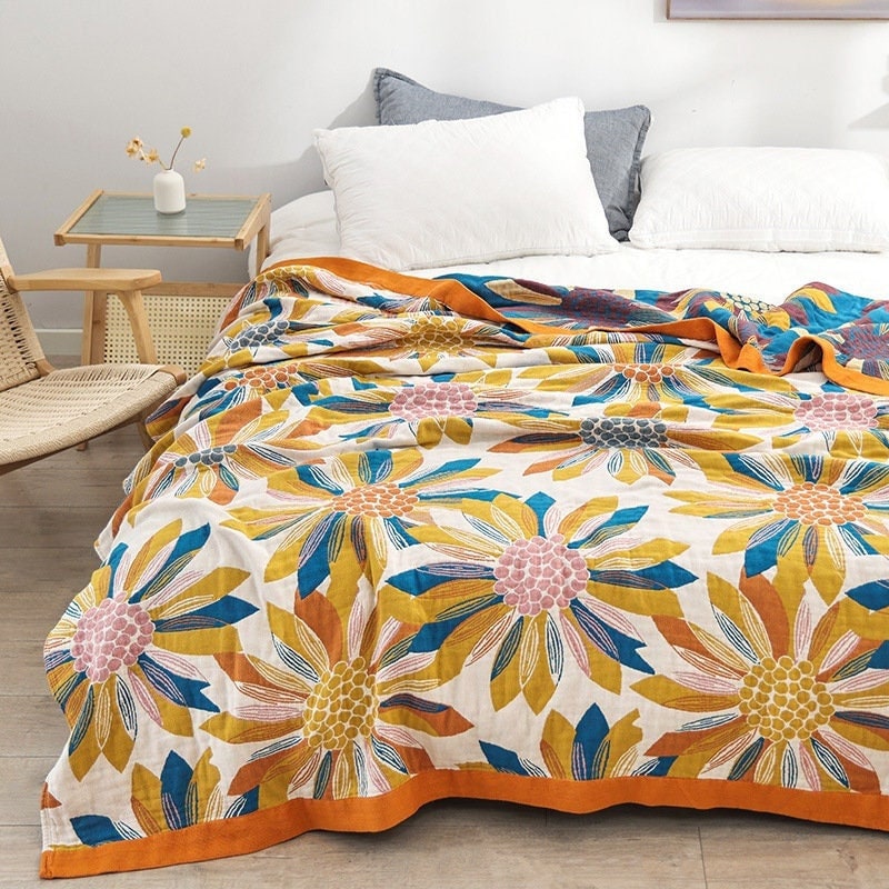 Sunflower Four Layers Cotton Throw Blanket Cotton Muslin Bedcover Sofa Blanket, Decorative Bed Woven Cotton Blanket, Housewarming Gift.
