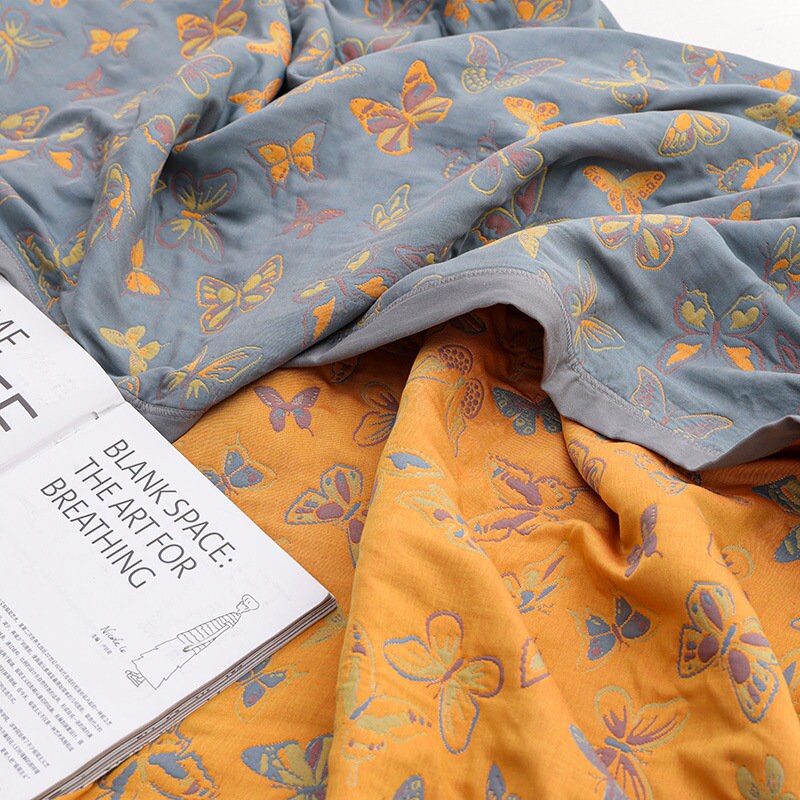Yellow 6 Layers Cotton Butterfly Jacquard woven Throw Bed Cover 79x90" Sweet style Decor,Double-sided Bed Throw,Housewarming gift.