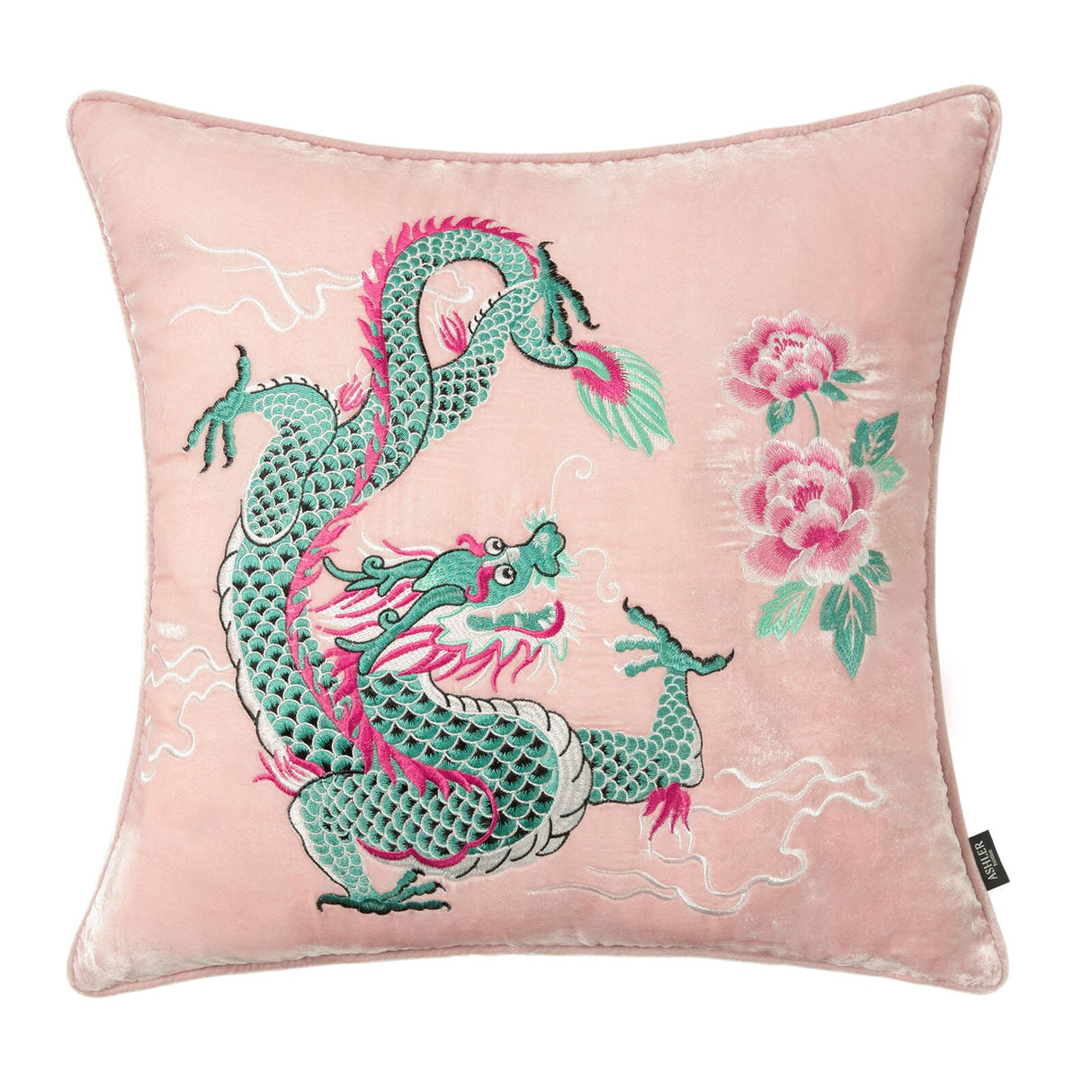 Flying Dragon Velvet Embroidery Cushion, Pink Embroidery Pillow Covers, Decorative Pillows, Housewarming gift