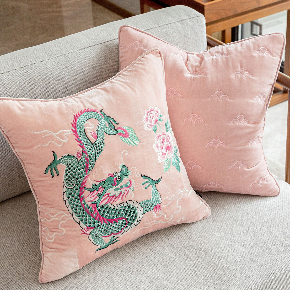 Flying Dragon Velvet Embroidery Cushion, Pink Embroidery Pillow Covers, Decorative Pillows, Housewarming gift