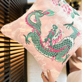 Flying Dragon Velvet Embroidery Cushion, Pink Embroidery Pillow Covers, Decorative Pillows, Housewarming gift