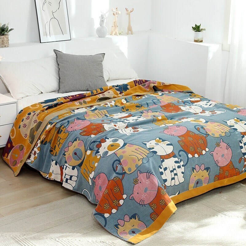 Cute Cat Cotton Throw Blanket Cotton Muslin Bedcover Sofa Blanket, Decorative Bed Woven Cotton Blanket, Housewarming Gift.