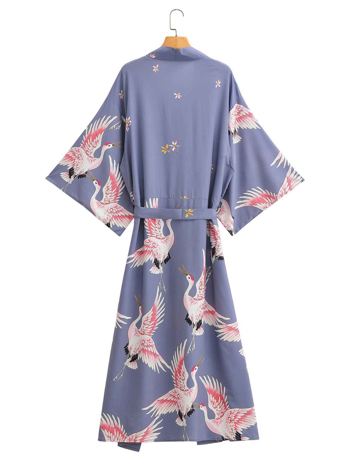 Kimono Blue Crane Print Sashes Women's V Neck Batwing Sleeves Kimono Jacket, Holiday Gifts for Her