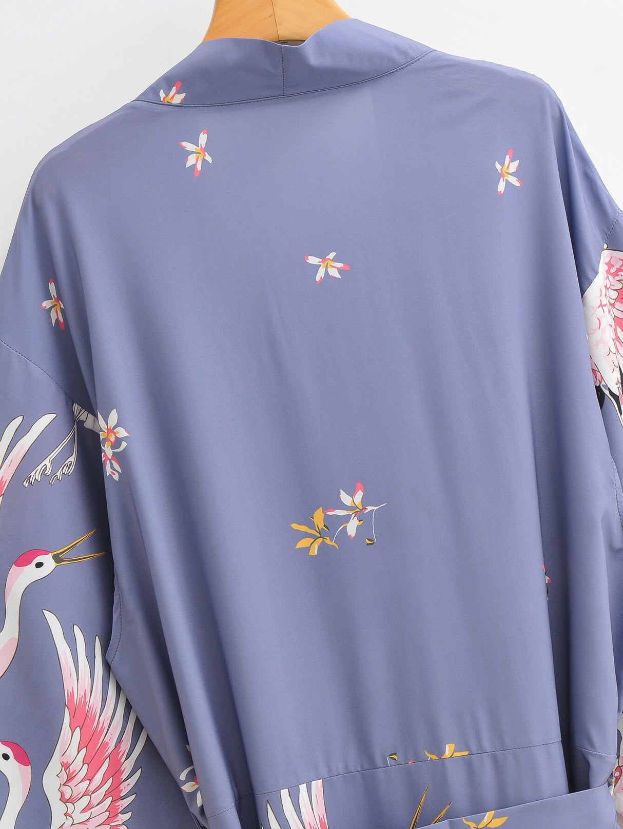 Kimono Blue Crane Print Sashes Women's V Neck Batwing Sleeves Kimono Jacket, Holiday Gifts for Her