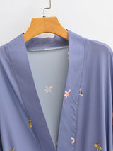 Kimono Blue Crane Print Sashes Women's V Neck Batwing Sleeves Kimono Jacket, Holiday Gifts for Her