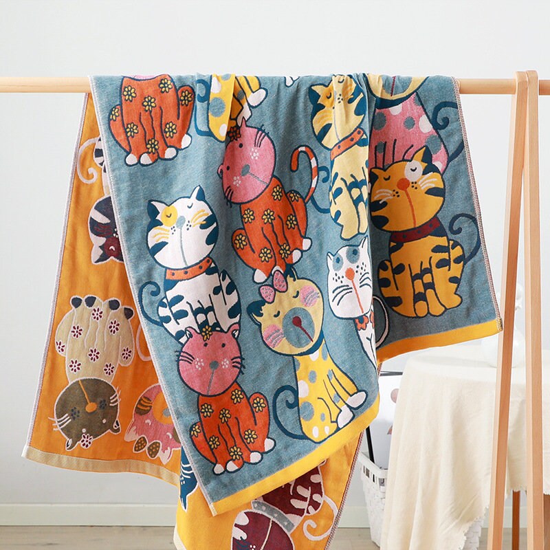 Cute Cat Cotton Throw Blanket Cotton Muslin Bedcover Sofa Blanket, Decorative Bed Woven Cotton Blanket, Housewarming Gift.