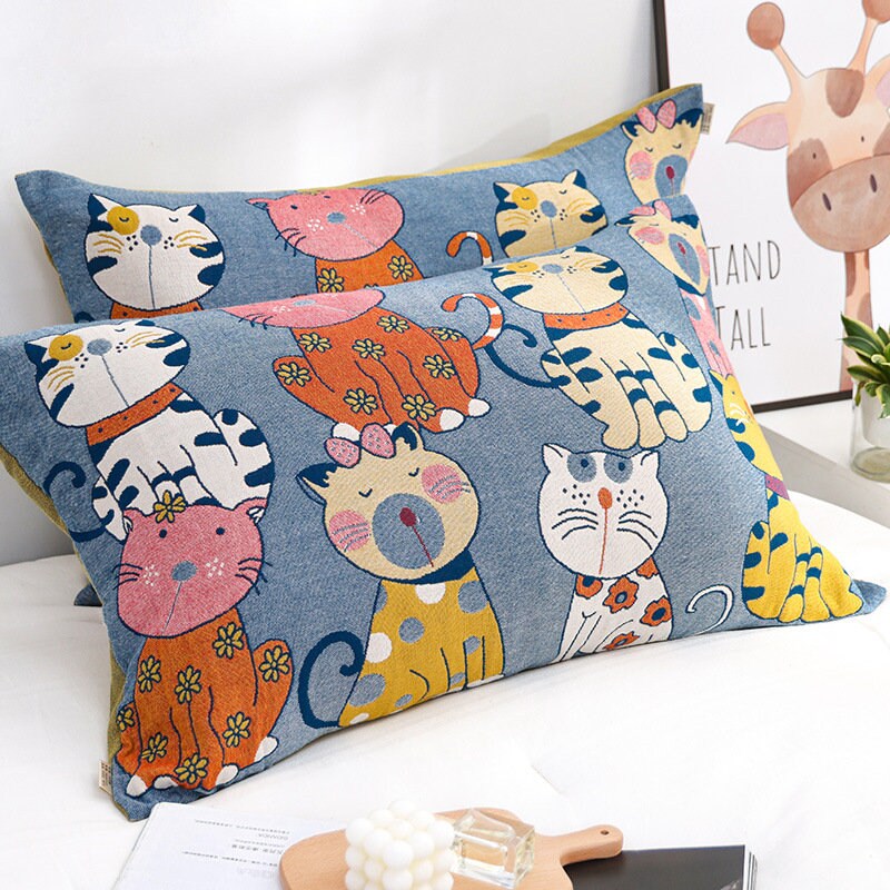 Cute Cat Cotton Throw Blanket Cotton Muslin Bedcover Sofa Blanket, Decorative Bed Woven Cotton Blanket, Housewarming Gift.
