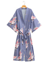 Kimono Blue Crane Print Sashes Women's V Neck Batwing Sleeves Kimono Jacket, Holiday Gifts for Her