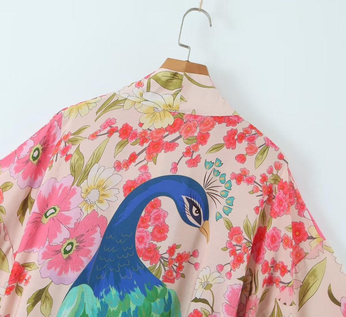 Cotton Kimono Vintage Cotton Peacock Flowers Print Kimono Sashes Women V Neck Batwing Sleeves Robe Kimono,Gift For Her