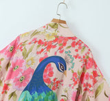 Cotton Kimono Vintage Cotton Peacock Flowers Print Kimono Sashes Women V Neck Batwing Sleeves Robe Kimono,Gift For Her