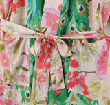 Cotton Kimono Vintage Cotton Peacock Flowers Print Kimono Sashes Women V Neck Batwing Sleeves Robe Kimono,Gift For Her