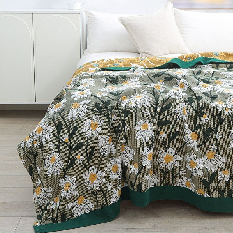 Green daisy cotton twill gauze blanket throw ,Bed cover sofa blanket, Bedspread nap blanket cotton throw,Gift for Home, Decor Home