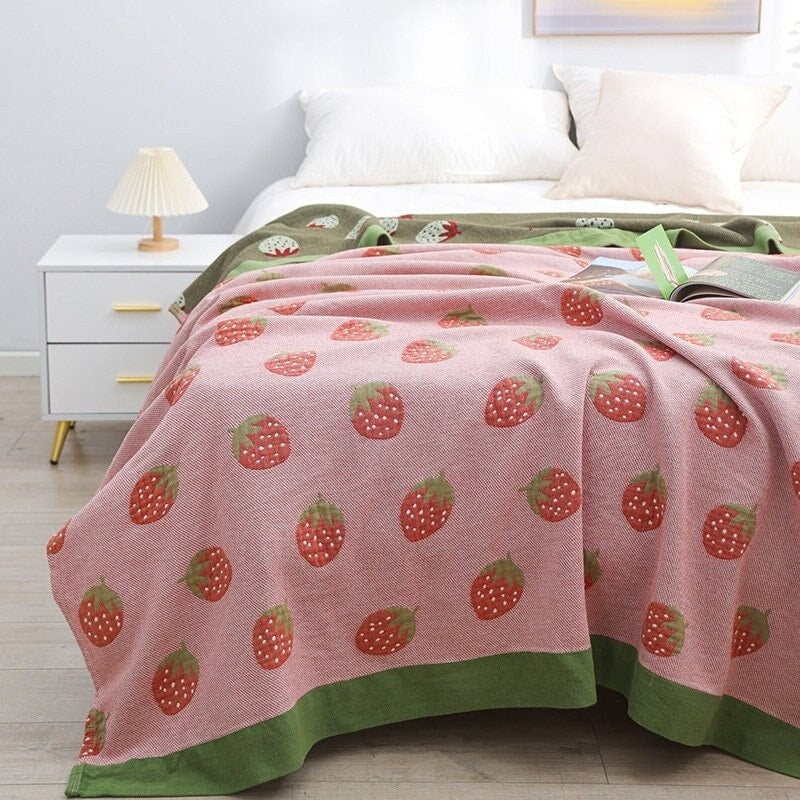 Pink strawberry cotton blanket 100% cotton, Bedcover sofa blanket, 90x98" Children Bedspread nap blanket cotton throw,Gift for Home, Decor