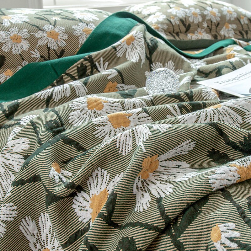 Green daisy cotton twill gauze blanket throw ,Bed cover sofa blanket, Bedspread nap blanket cotton throw,Gift for Home, Decor Home