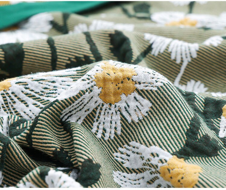 Green daisy cotton twill gauze blanket throw ,Bed cover sofa blanket, Bedspread nap blanket cotton throw,Gift for Home, Decor Home