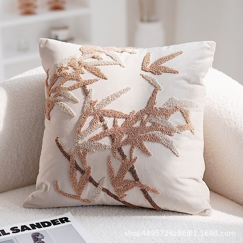 Velour Orchid Embroidery Cushion Cover 18x18",Decorative Pillows,Housewarming gift.