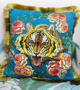 Luxury Red/Peacock Blue Heavy Velvet Printed Tiger Retro Inspired Pillow Cover,Tassel Decorative Pillows, Housewarming gift