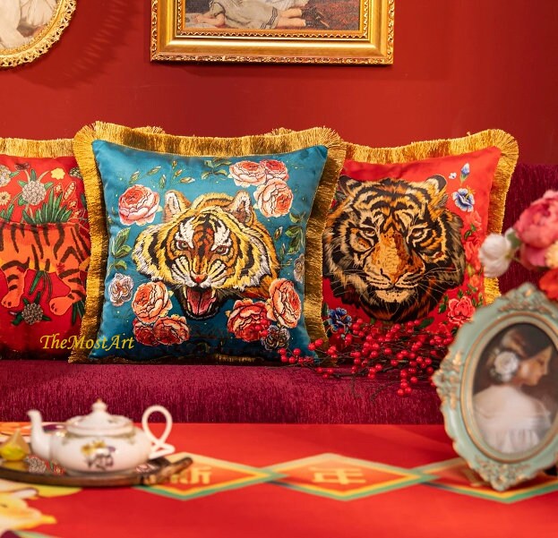 Luxury Red/Peacock Blue Heavy Velvet Printed Tiger Retro Inspired Pillow Cover,Tassel Decorative Pillows, Housewarming gift