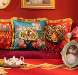 Luxury Red/Peacock Blue Heavy Velvet Printed Tiger Retro Inspired Pillow Cover,Tassel Decorative Pillows, Housewarming gift