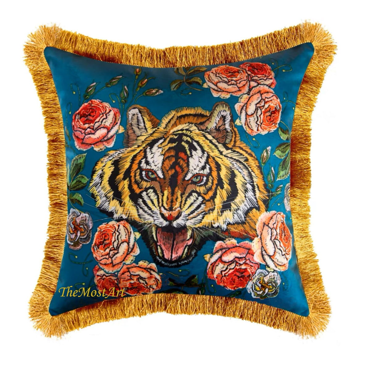 Luxury Red/Peacock Blue Heavy Velvet Printed Tiger Retro Inspired Pillow Cover,Tassel Decorative Pillows, Housewarming gift