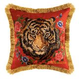 Luxury Red/Peacock Blue Heavy Velvet Printed Tiger Retro Inspired Pillow Cover,Tassel Decorative Pillows, Housewarming gift