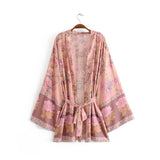 Cotton Kimono Boho Floral Print Sashes Women Bohemian V Neck Batwing Sleeves Short Robe Kimono ,Gifts For Women,Holiday Gifts