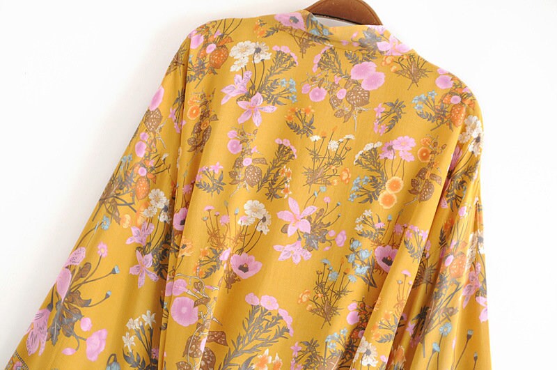 Cotton Kimono Boho Floral Print Sashes Women Bohemian V Neck Batwing Sleeves Short Robe Kimono ,Gifts For Women,Holiday Gifts